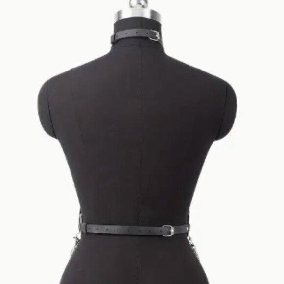 PU Leather Draped Layered Chain Choker Harness - Picture 2 of 6